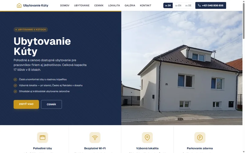 Web Ubytovanie Kúty — úvodná stránka